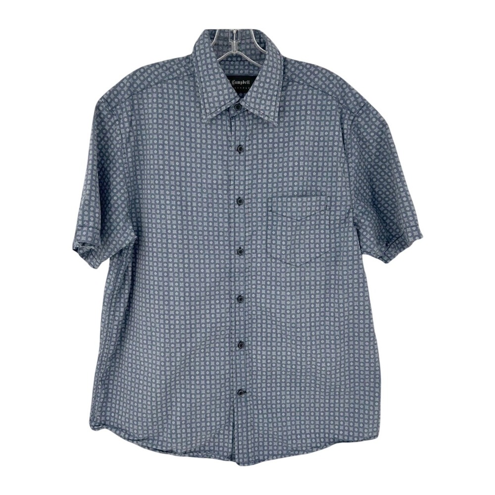 Mens Modern Button Down Shirt Blue Geometric Cotton Silk J. Campbell Los Angeles